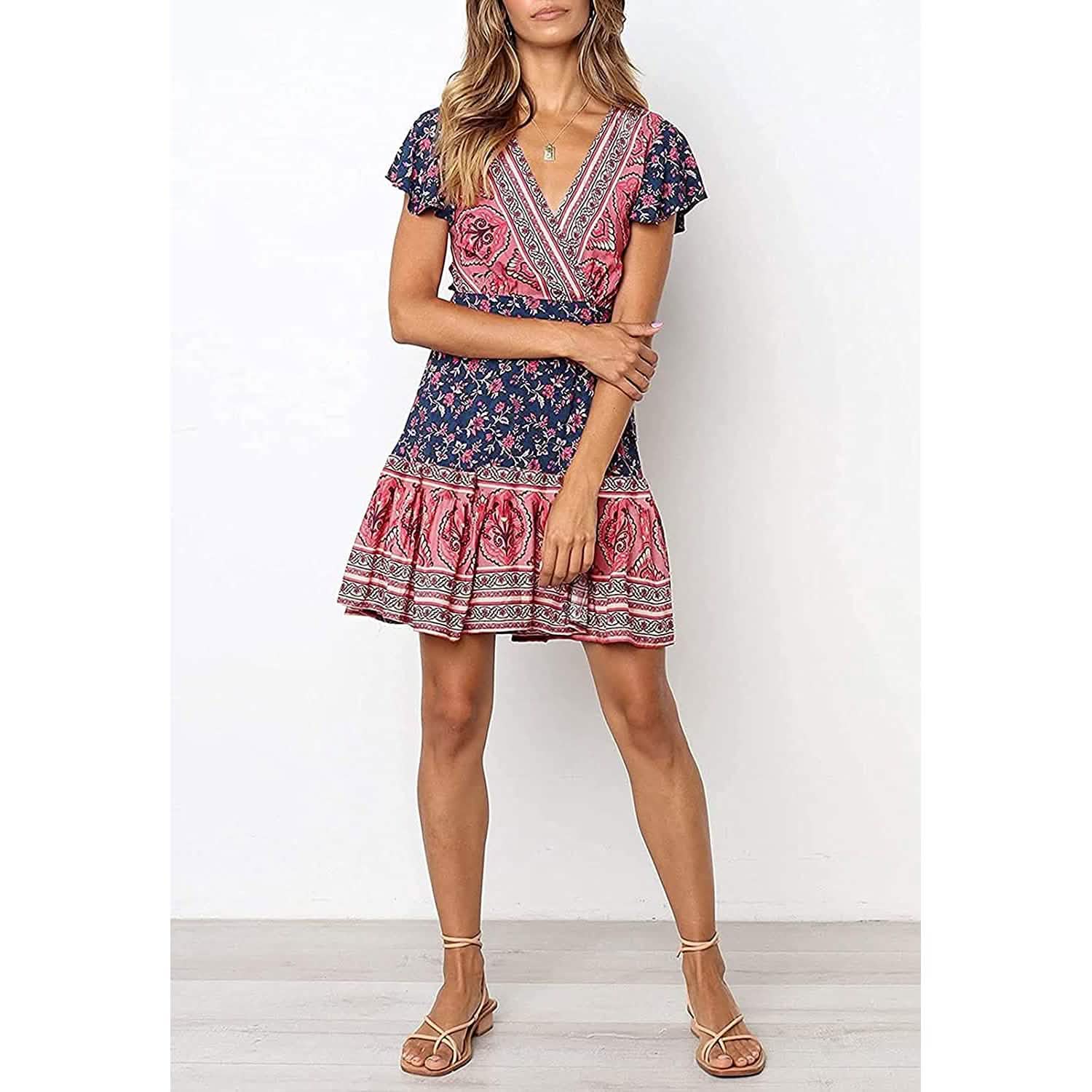 Women's Summer Wrap V Neck Bohemian Floral Print Mini Dress DailySale