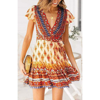 Women's Summer Wrap V Neck Bohemian Floral Print Mini Dress DailySale