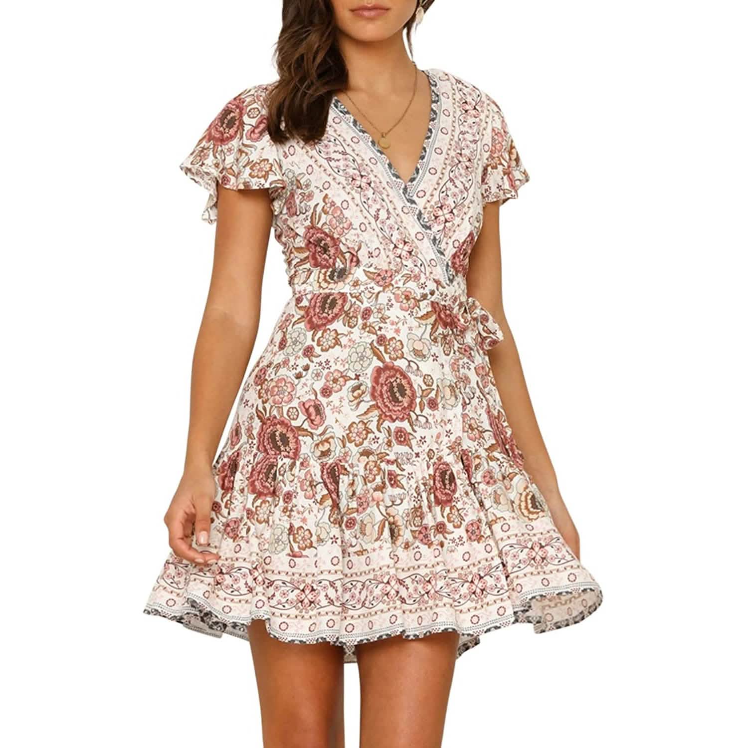 Women's Summer Wrap V Neck Bohemian Floral Print Mini Dress DailySale