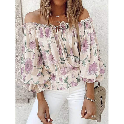 Women's T-Shirt Floral Print Off Shoulder Top Puff Sleeves DailySale
