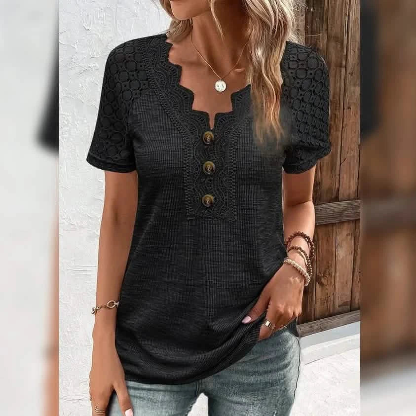 Women's T-Shirt Plain Lace Button Short Sleeve DailySale