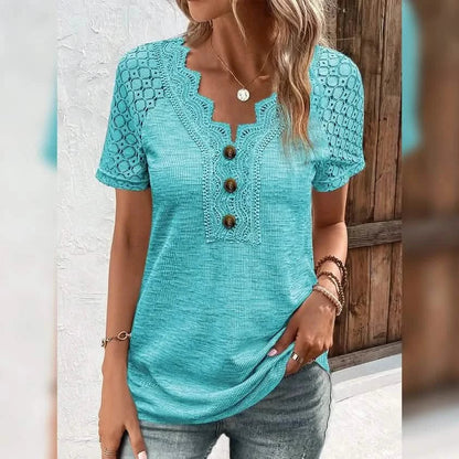 Women's T-Shirt Plain Lace Button Short Sleeve DailySale