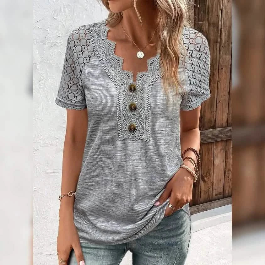 Women's T-Shirt Plain Lace Button Short Sleeve DailySale