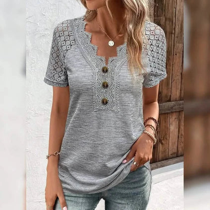 Women's T-Shirt Plain Lace Button Short Sleeve DailySale
