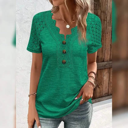 Women's T-Shirt Plain Lace Button Short Sleeve DailySale