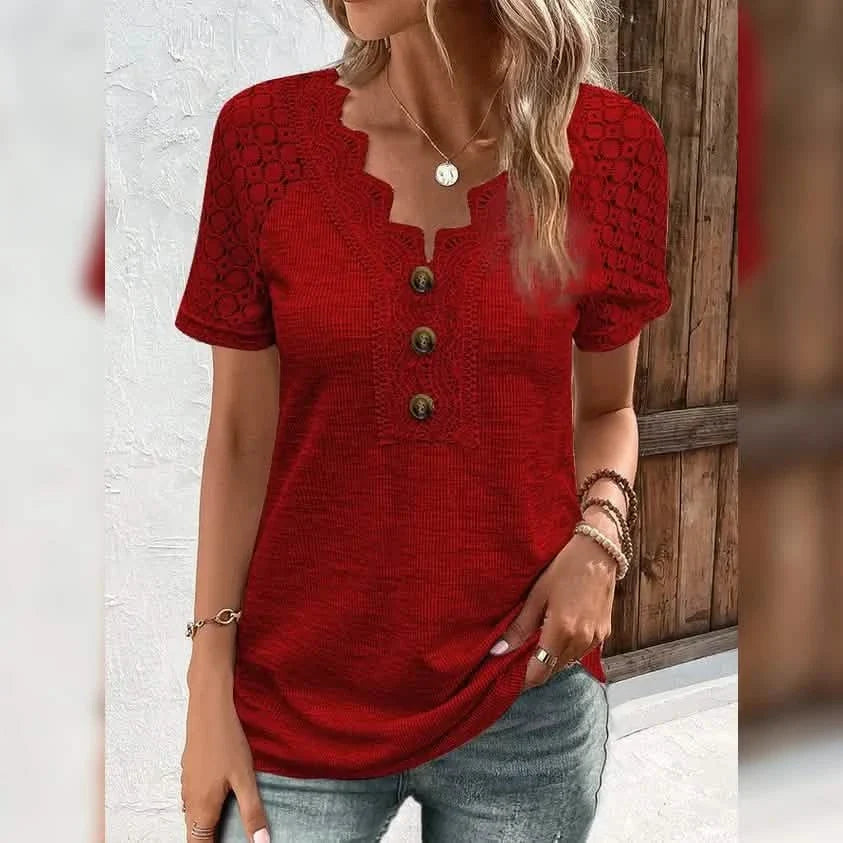 Women's T-Shirt Plain Lace Button Short Sleeve DailySale