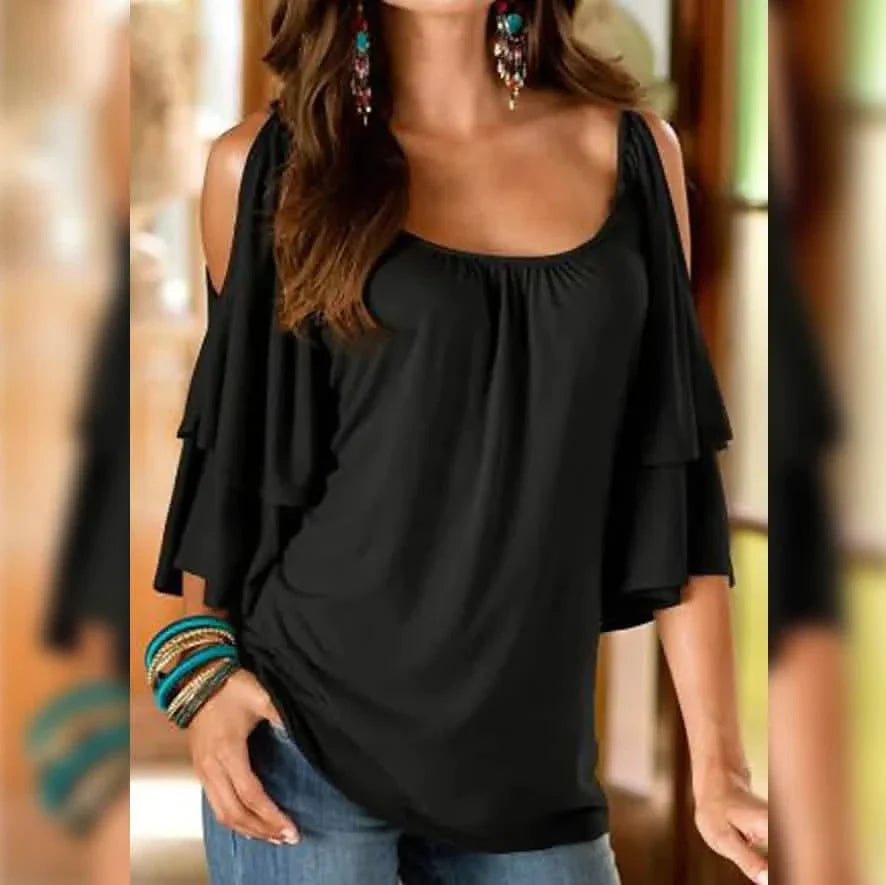 Women's T-Shirt Plain Ruffle Cold Shoulder Short Sleeve DailySale