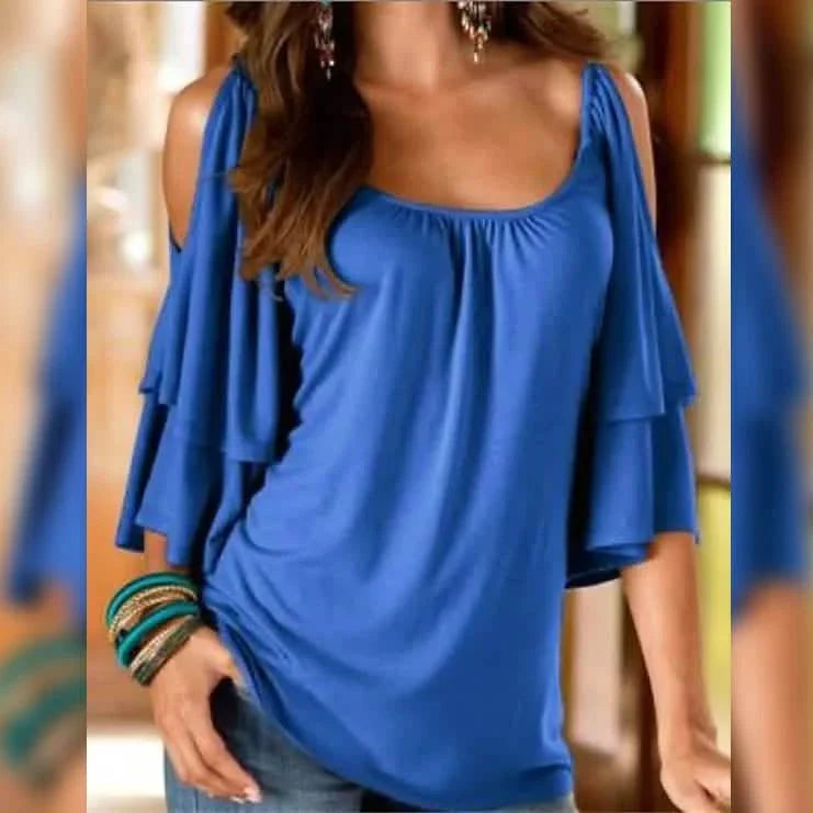 Women's T-Shirt Plain Ruffle Cold Shoulder Short Sleeve DailySale
