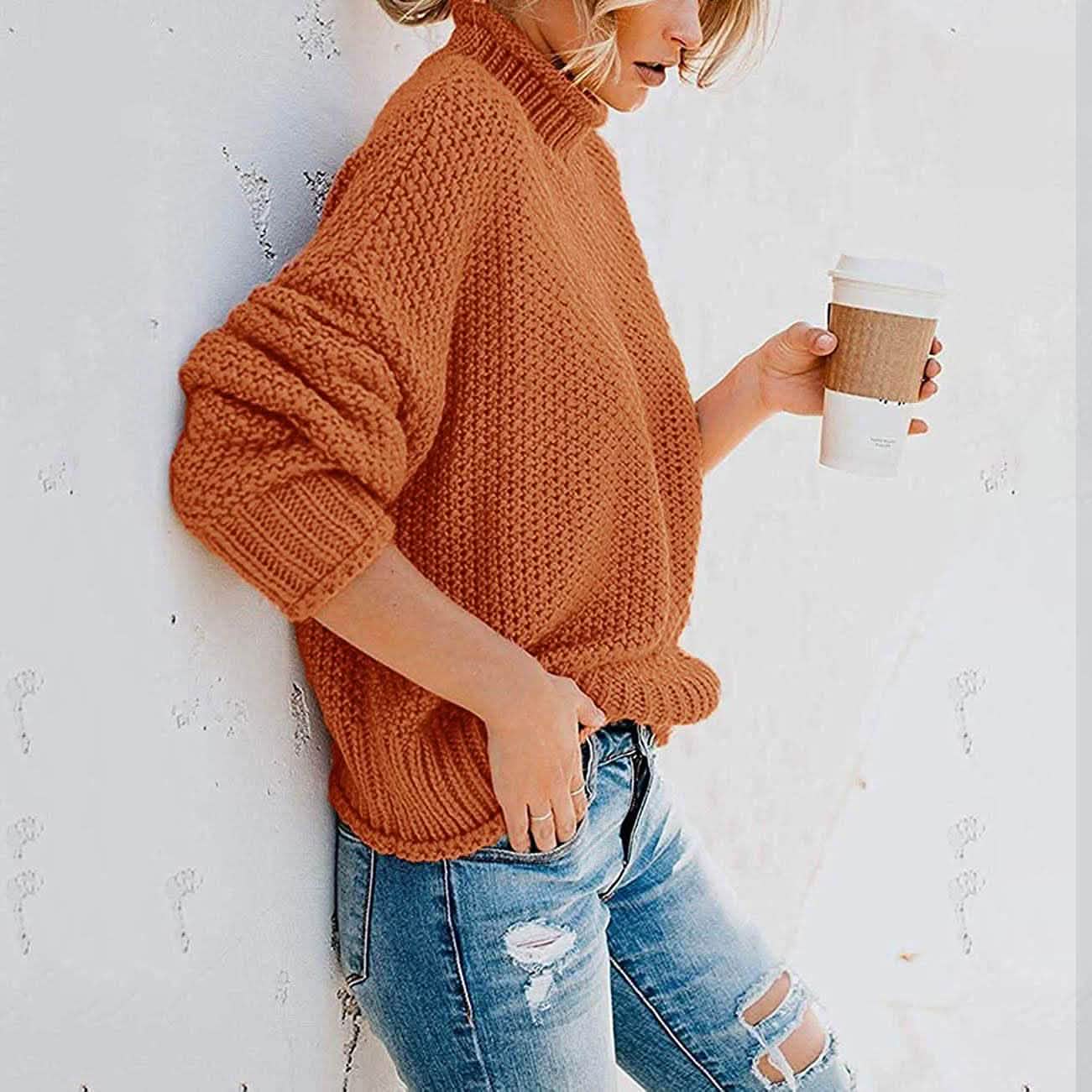 Women's Turtleneck Batwing Sleeve Loose Oversized Chunky Knitted Pullover Sweater Jumper Tops DailySale