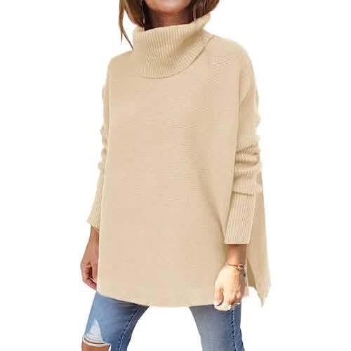 Women's Turtleneck Oversized Sweaters Long Batwing Sleeve Spilt Hem Tunic DailySale