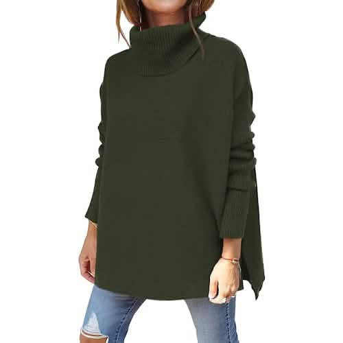 Women's Turtleneck Oversized Sweaters Long Batwing Sleeve Spilt Hem Tunic DailySale