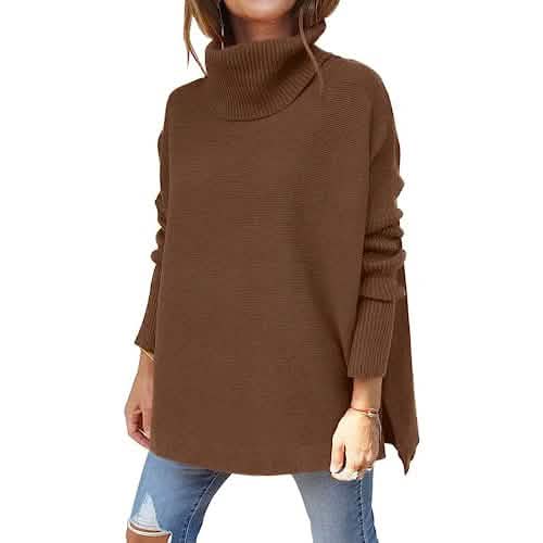 Women's Turtleneck Oversized Sweaters Long Batwing Sleeve Spilt Hem Tunic DailySale