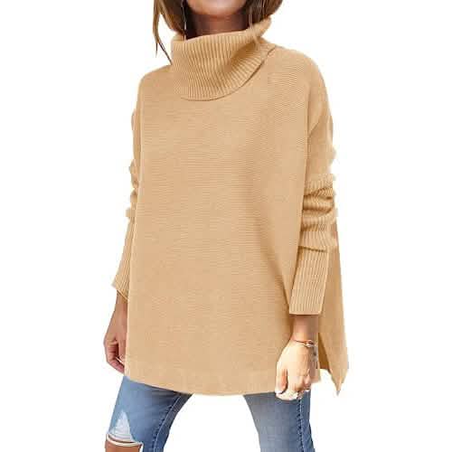 Women's Turtleneck Oversized Sweaters Long Batwing Sleeve Spilt Hem Tunic DailySale