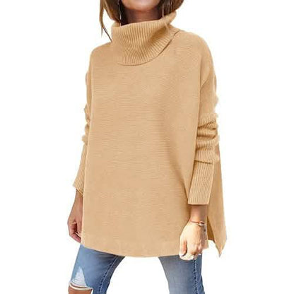 Women's Turtleneck Oversized Sweaters Long Batwing Sleeve Spilt Hem Tunic DailySale