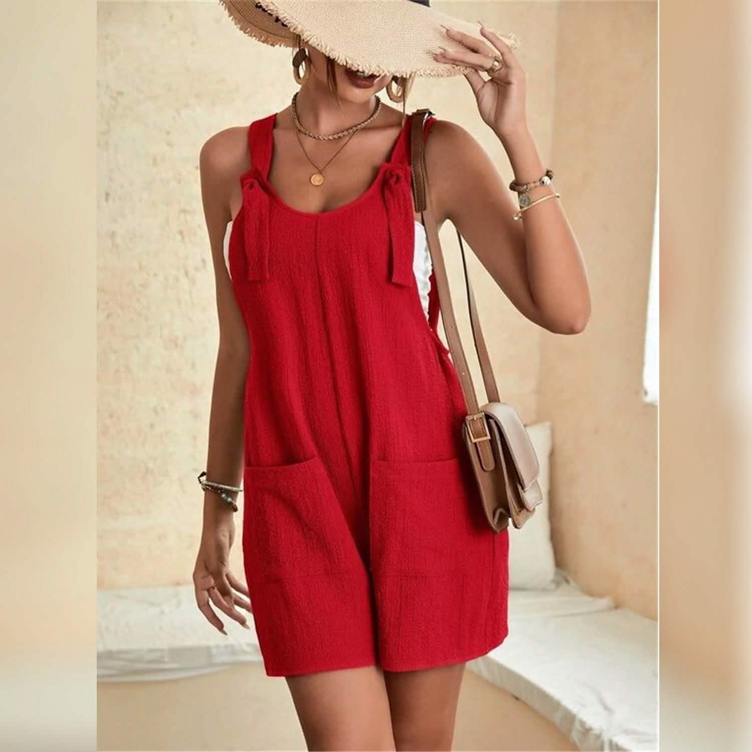 Women's U-Neck Strap Pocket Jumpsuit Solid Color DailySale