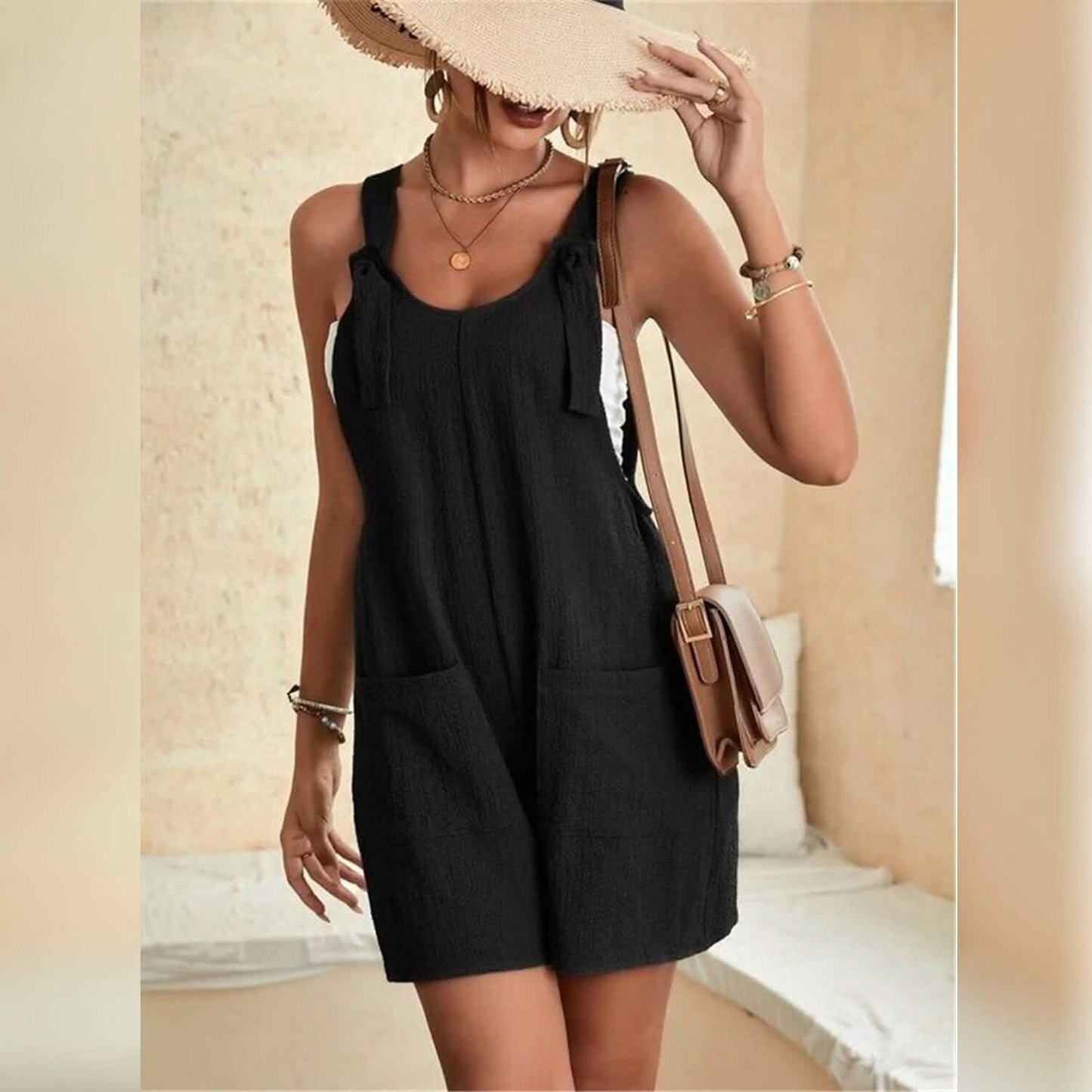Women's U-Neck Strap Pocket Jumpsuit Solid Color DailySale