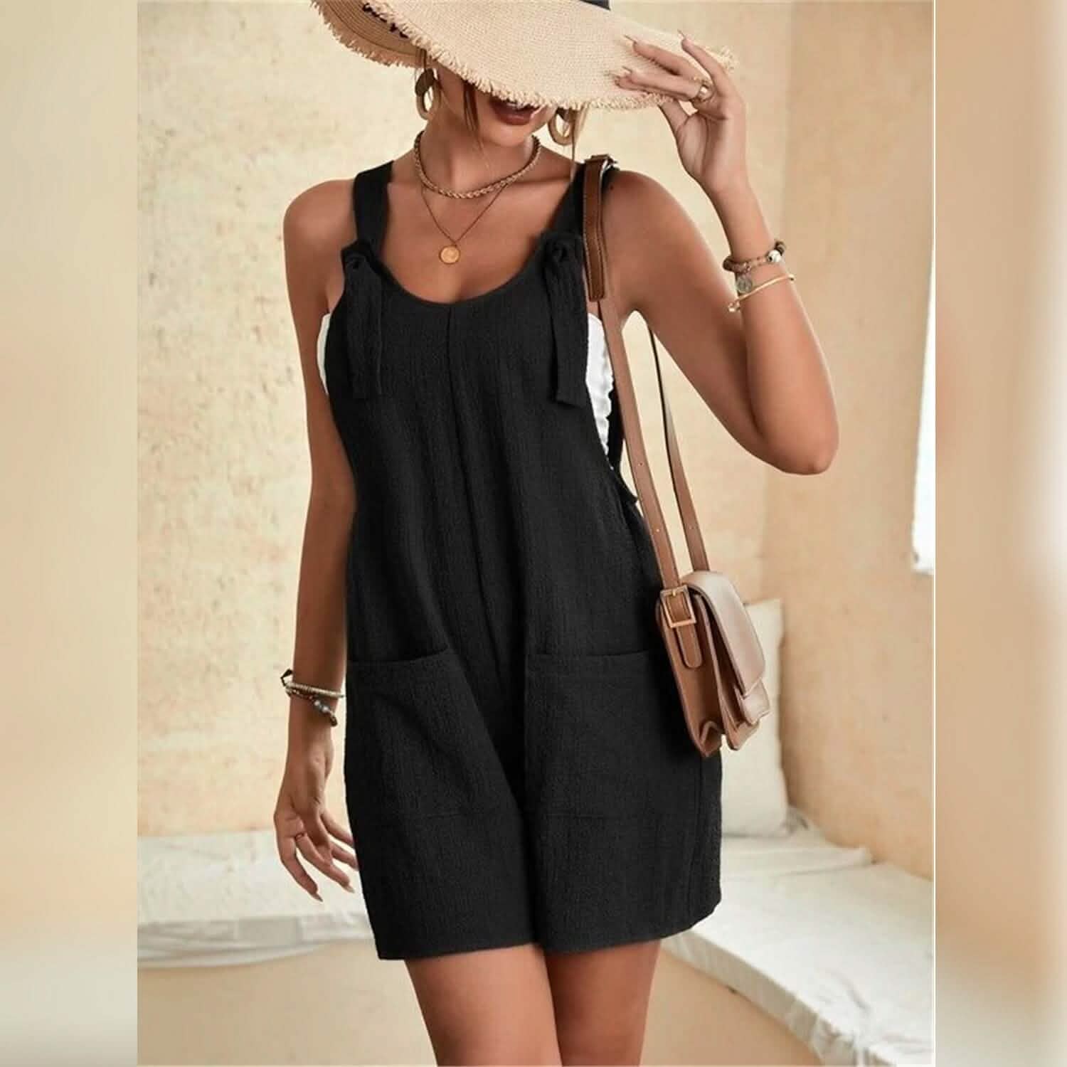 Women's U-Neck Strap Pocket Jumpsuit Solid Color DailySale