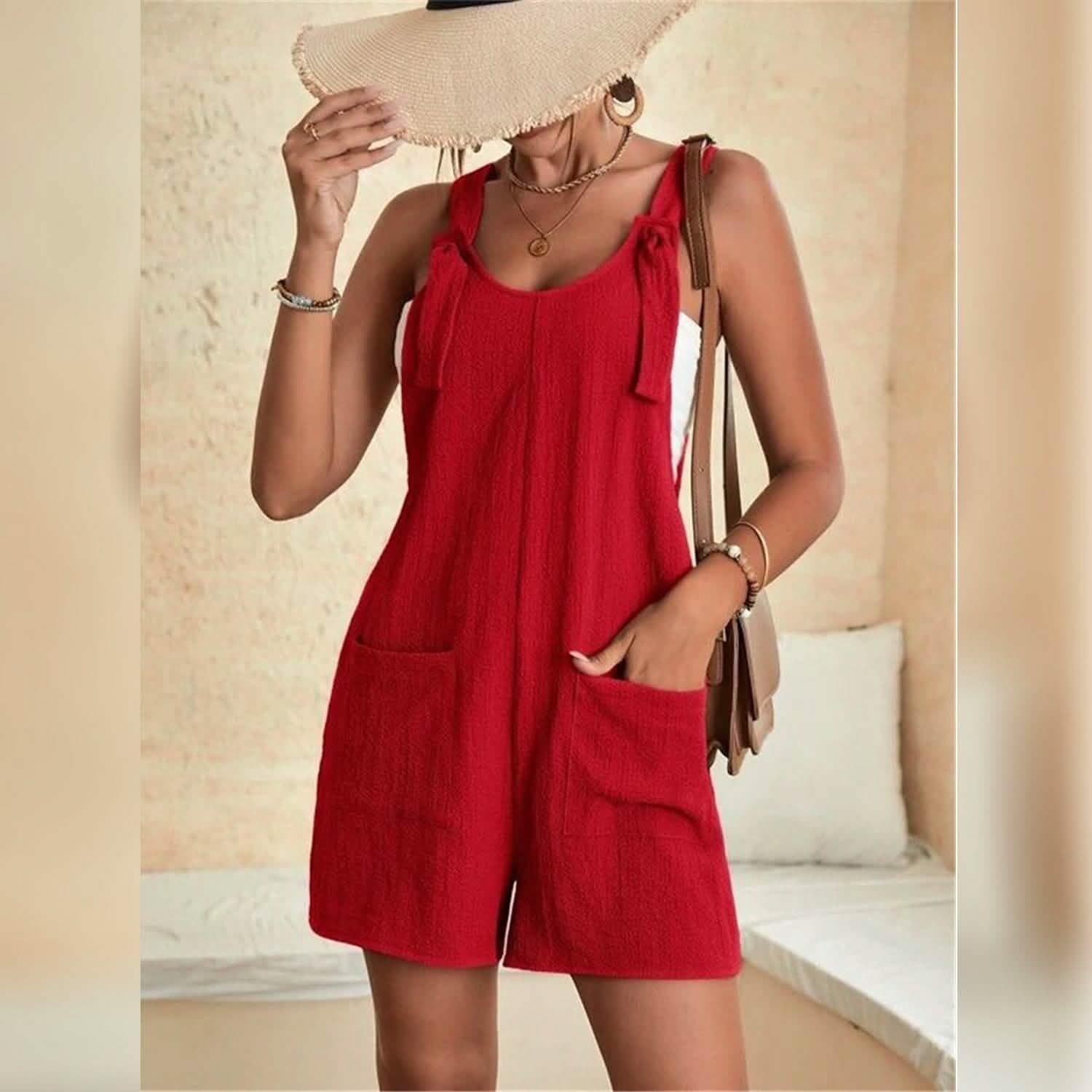 Women's U-Neck Strap Pocket Jumpsuit Solid Color DailySale