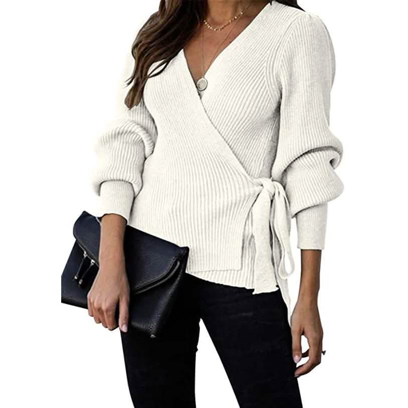 Women’s V Neck Balloon Sleeve Ribbed Wrap Chunky Knit Tunic Top DailySale
