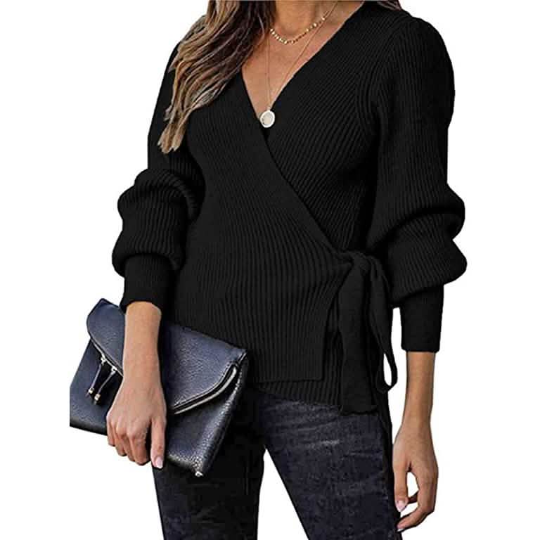 Women’s V Neck Balloon Sleeve Ribbed Wrap Chunky Knit Tunic Top DailySale