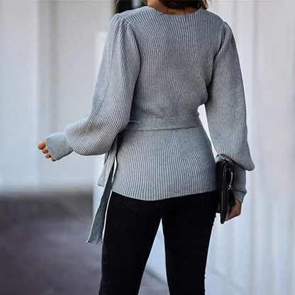 Women’s V Neck Balloon Sleeve Ribbed Wrap Chunky Knit Tunic Top DailySale