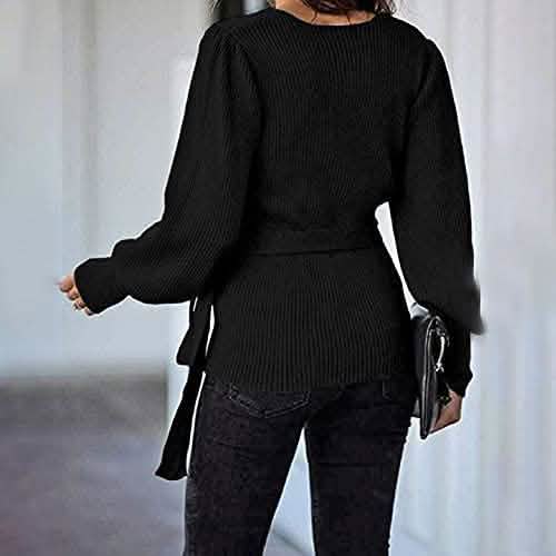 Women’s V Neck Balloon Sleeve Ribbed Wrap Chunky Knit Tunic Top DailySale