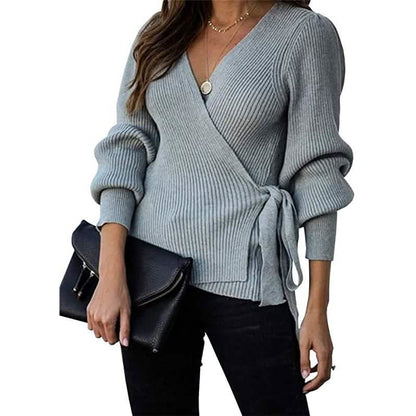 Women’s V Neck Balloon Sleeve Ribbed Wrap Chunky Knit Tunic Top DailySale