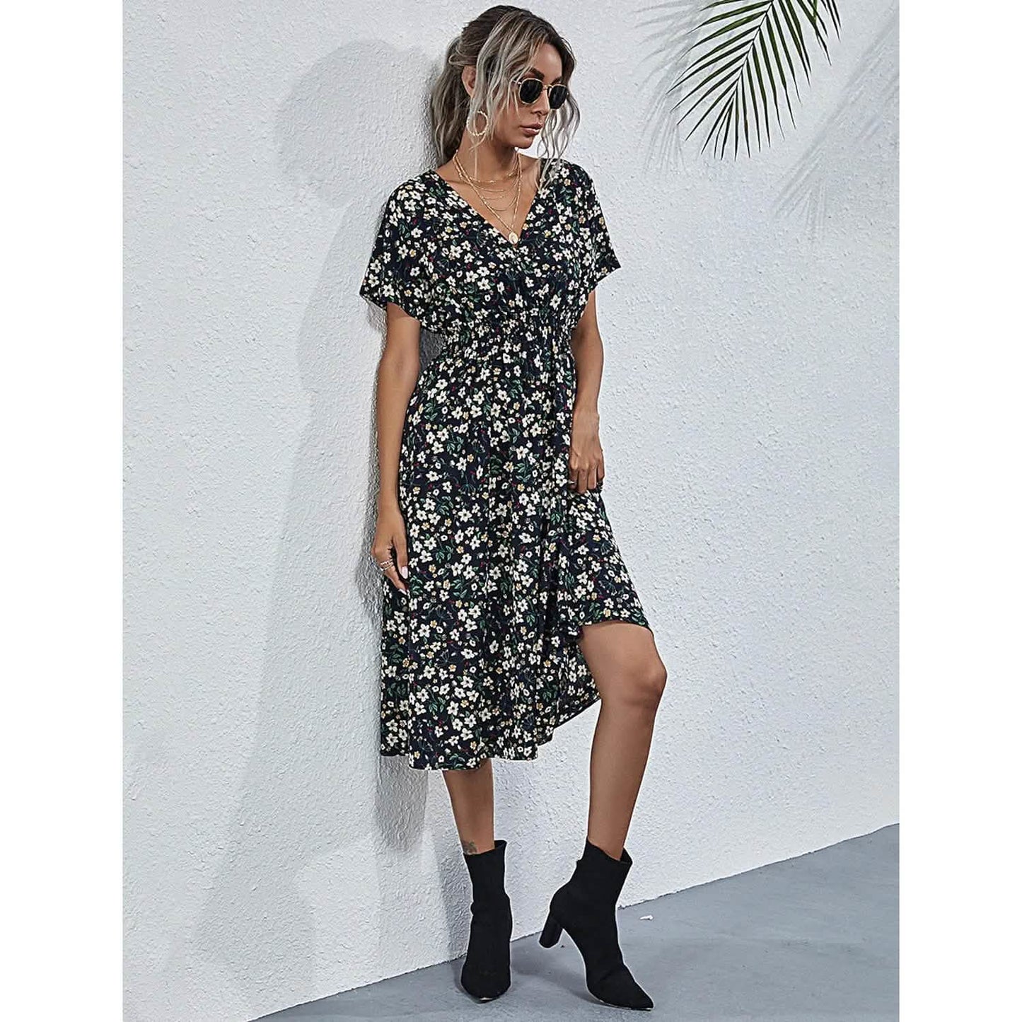 Women's V Neck Casual Boho Loose Midi Dress DailySale