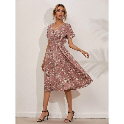 Women's V Neck Casual Boho Loose Midi Dress DailySale