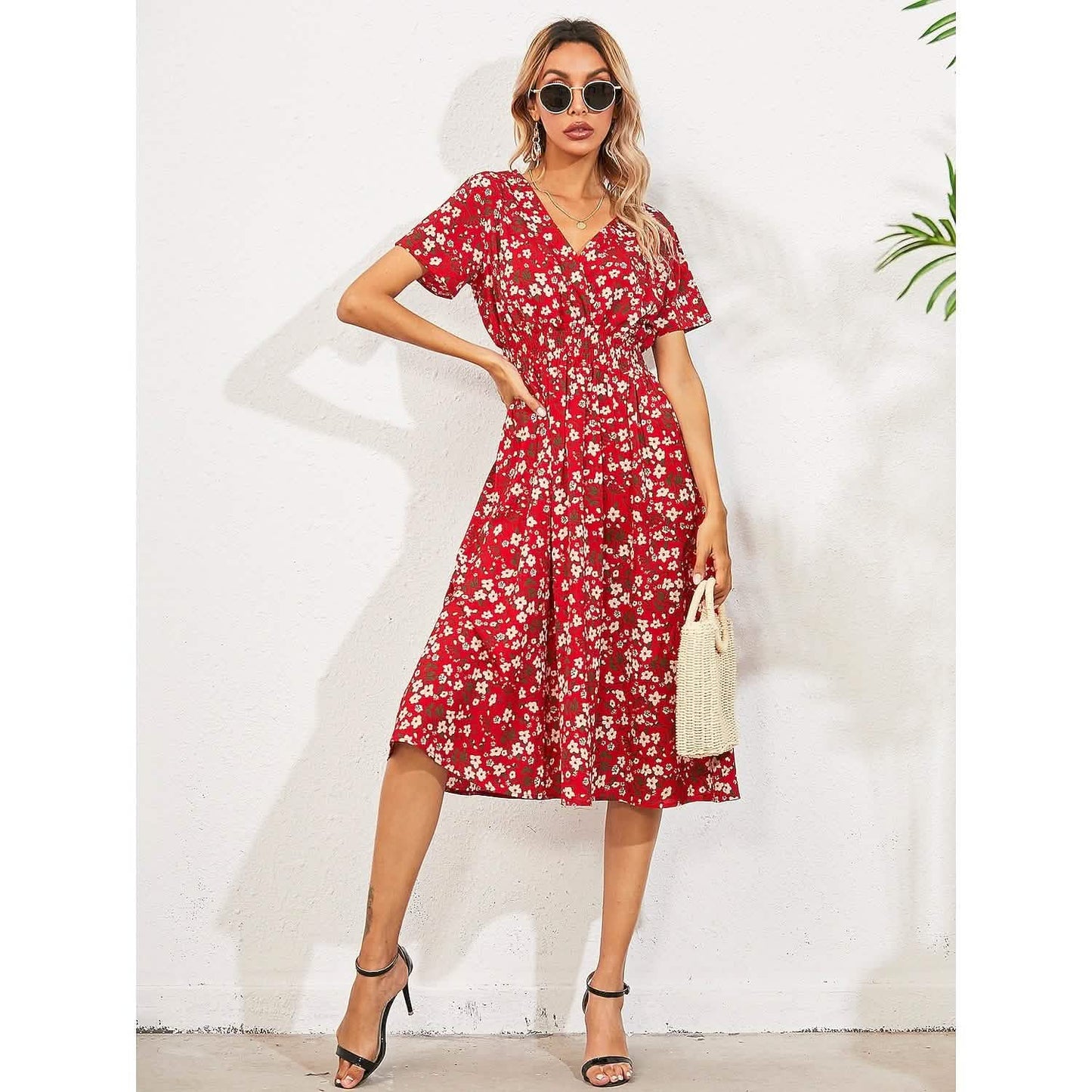 Women's V Neck Casual Boho Loose Midi Dress DailySale