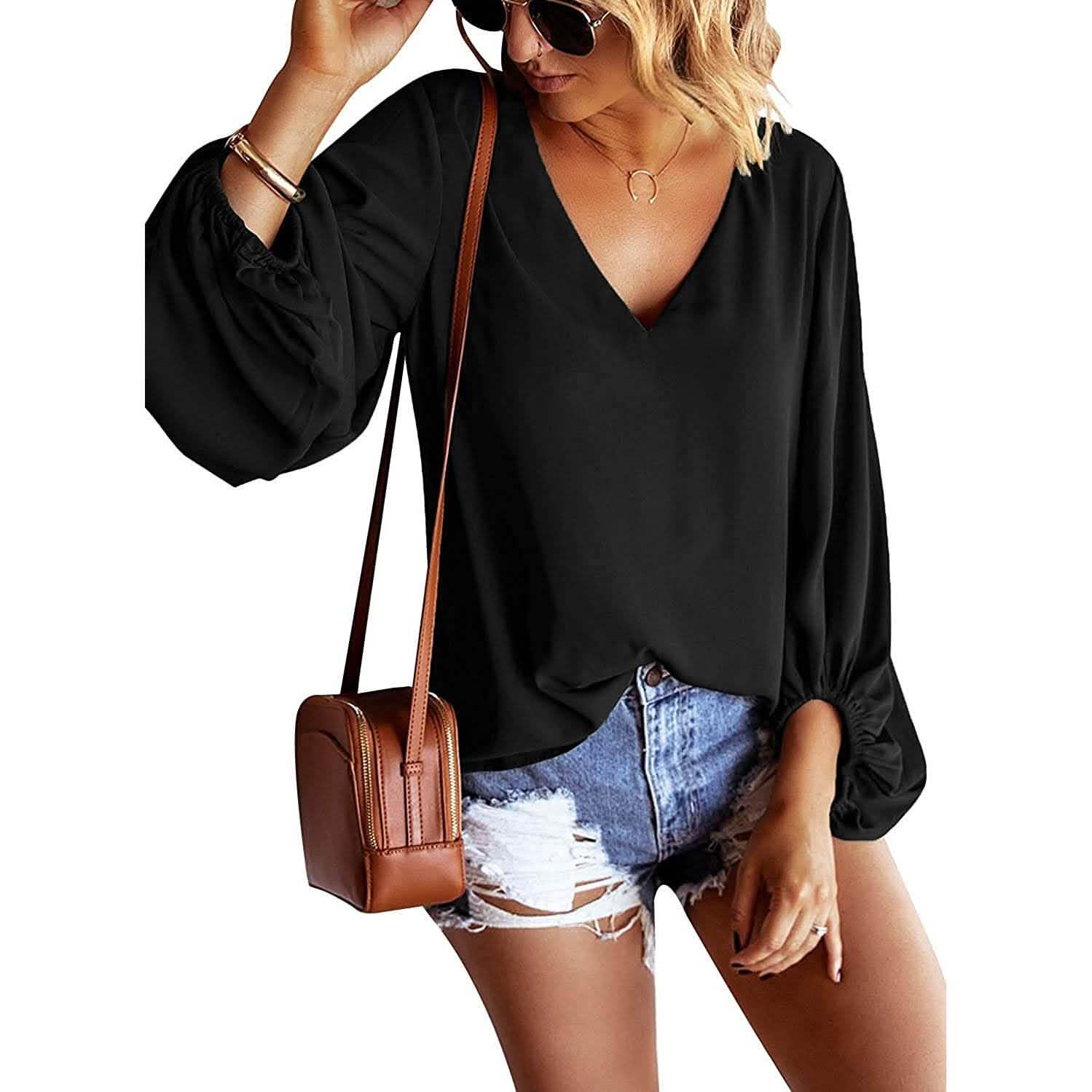 Womens V Neck Chiffon Blouses Casual Balloon Sleeve Floral Print Shirts Tops DailySale