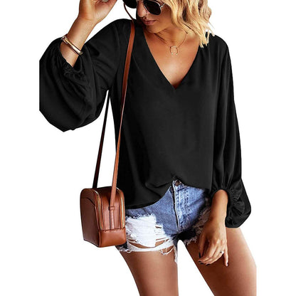 Womens V Neck Chiffon Blouses Casual Balloon Sleeve Floral Print Shirts Tops DailySale