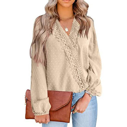 Women's V Neck Chiffon Lace Pom Pom Long Sleeve Top DailySale