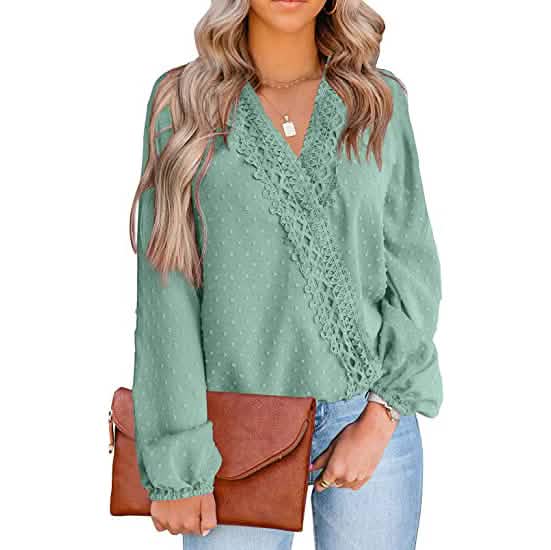 Women's V Neck Chiffon Lace Pom Pom Long Sleeve Top DailySale