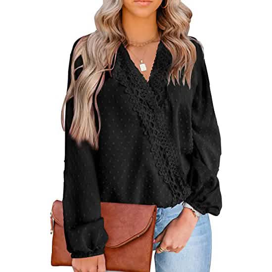 Women's V Neck Chiffon Lace Pom Pom Long Sleeve Top DailySale
