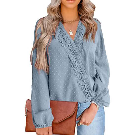 Women's V Neck Chiffon Lace Pom Pom Long Sleeve Top DailySale