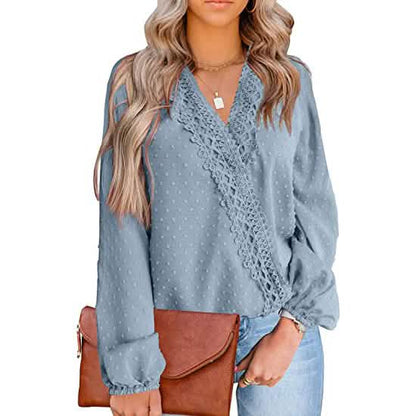 Women's V Neck Chiffon Lace Pom Pom Long Sleeve Top DailySale