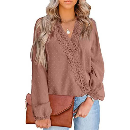 Women's V Neck Chiffon Lace Pom Pom Long Sleeve Top DailySale