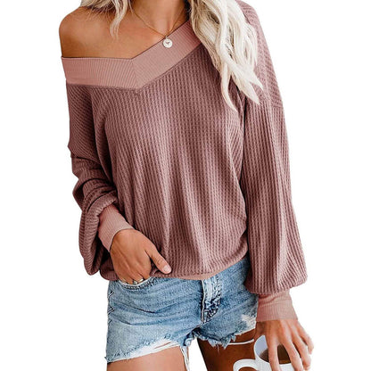 Women's V Neck Long Sleeve Waffle Knit Top Off Shoulder Oversized Pullover Sweater DailySale