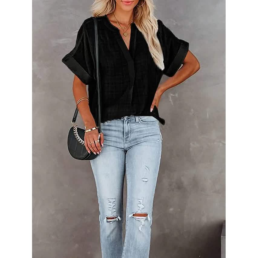 Women's V-Neck Loose Shirt Short Sleeve Top DailySale