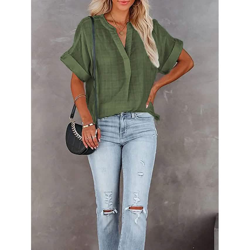 Women's V-Neck Loose Shirt Short Sleeve Top DailySale