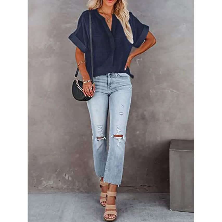 Women's V-Neck Loose Shirt Short Sleeve Top DailySale