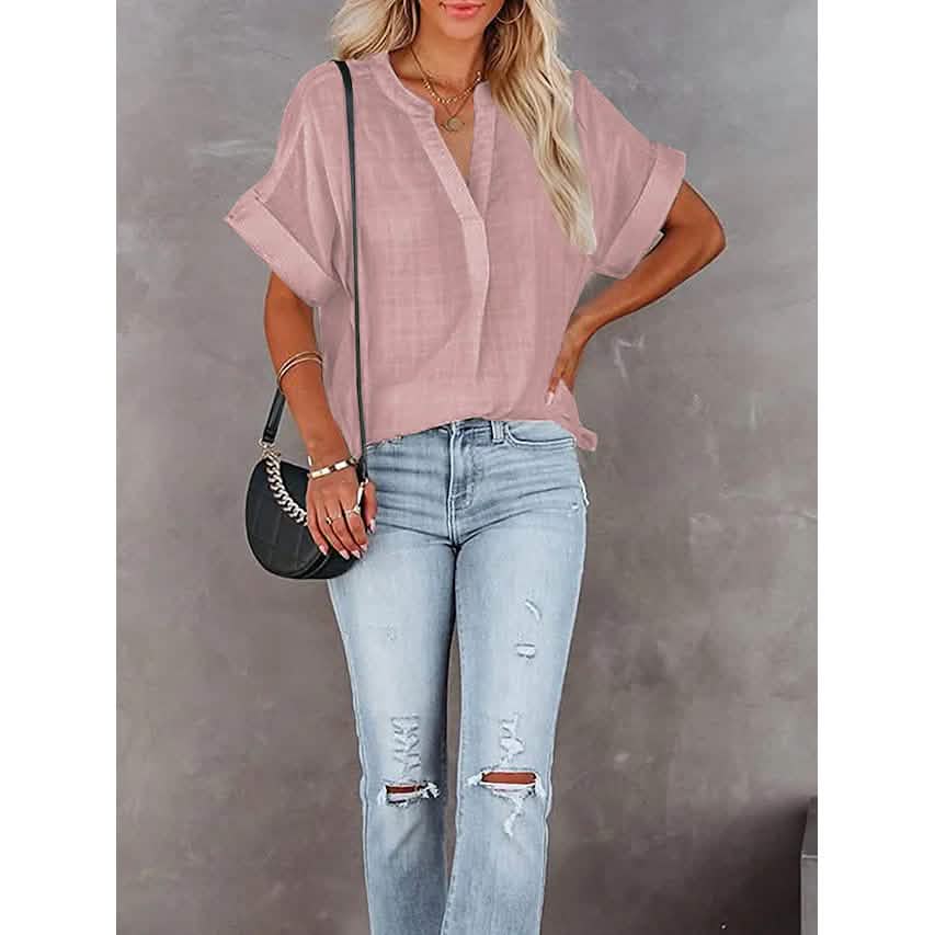 Women's V-Neck Loose Shirt Short Sleeve Top DailySale