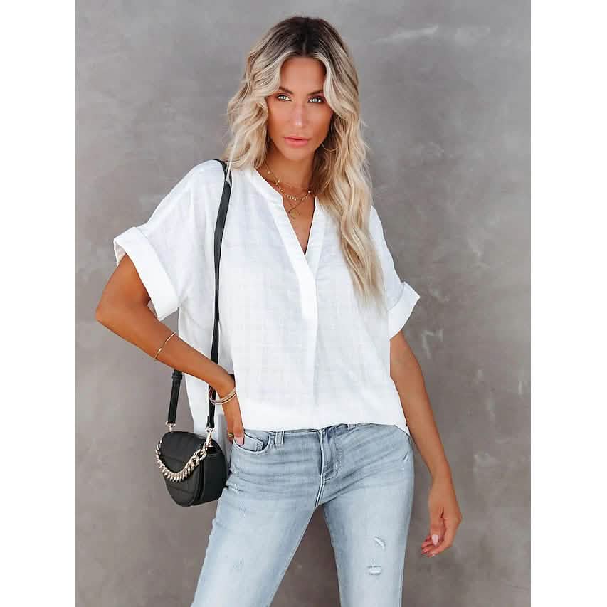 Women's V-Neck Loose Shirt Short Sleeve Top DailySale
