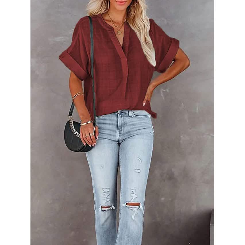 Women's V-Neck Loose Shirt Short Sleeve Top DailySale
