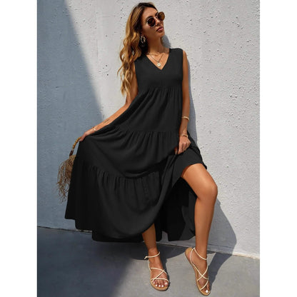 Women's V-neck Ruffle Hem Solid Dress DailySale