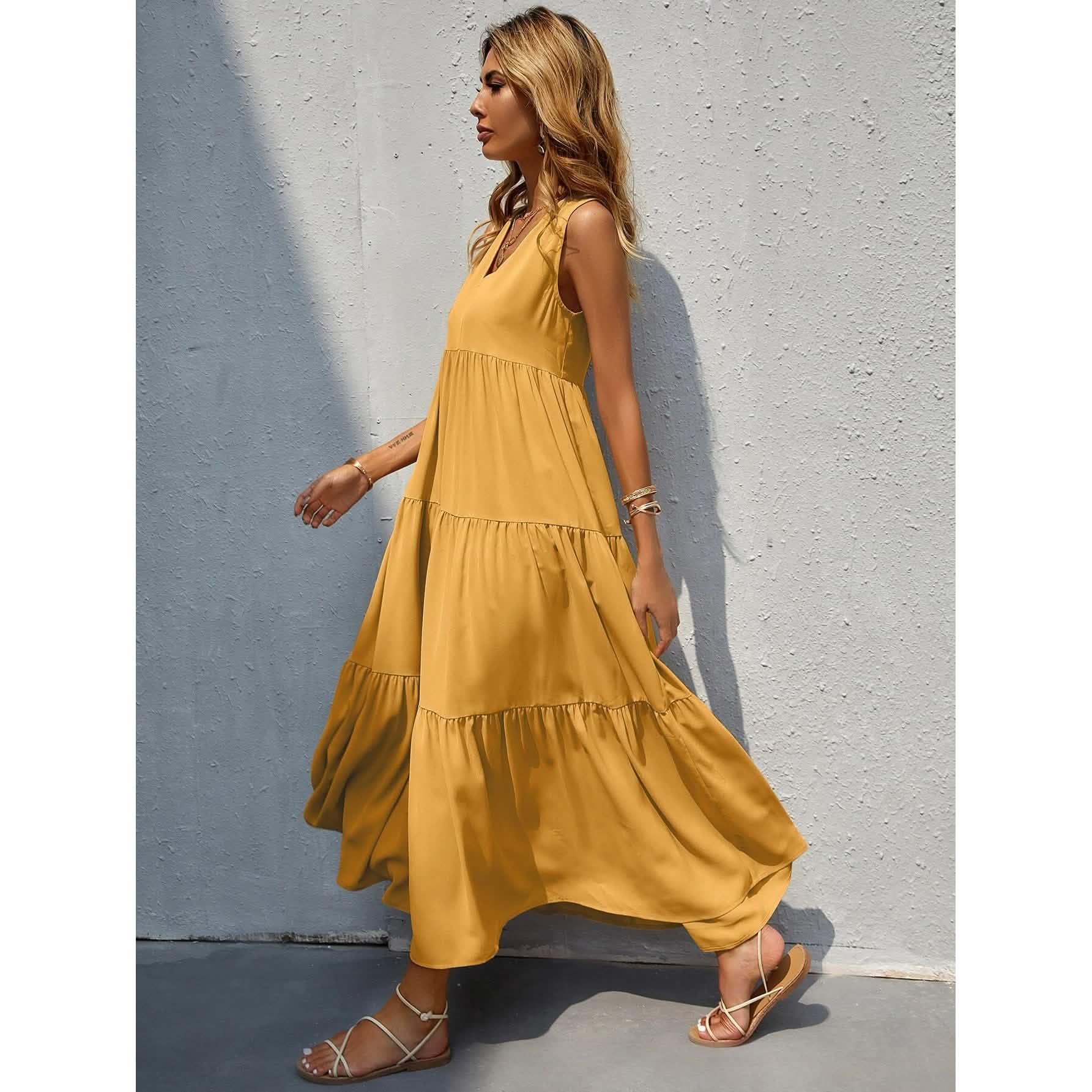 Women's V-neck Ruffle Hem Solid Dress DailySale