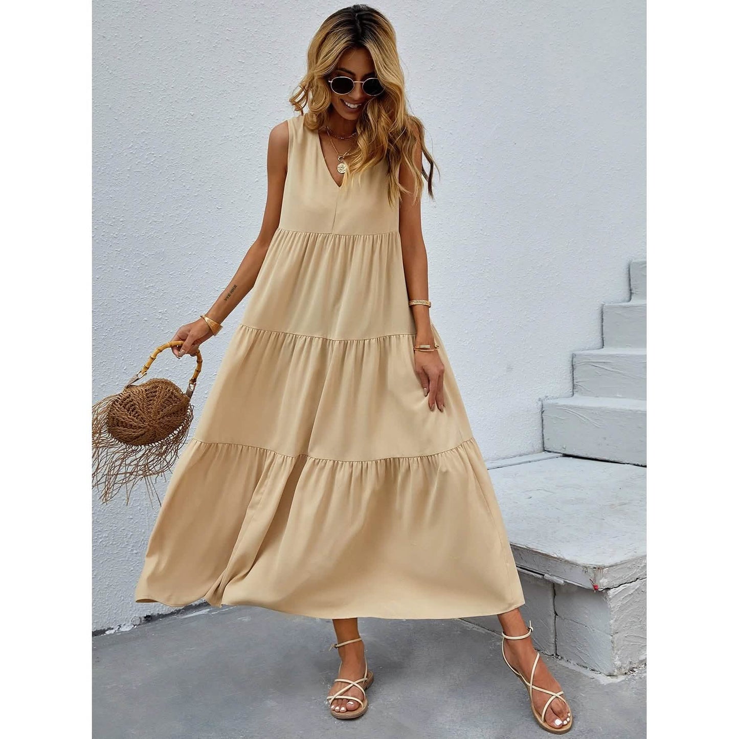 Women's V-neck Ruffle Hem Solid Dress DailySale