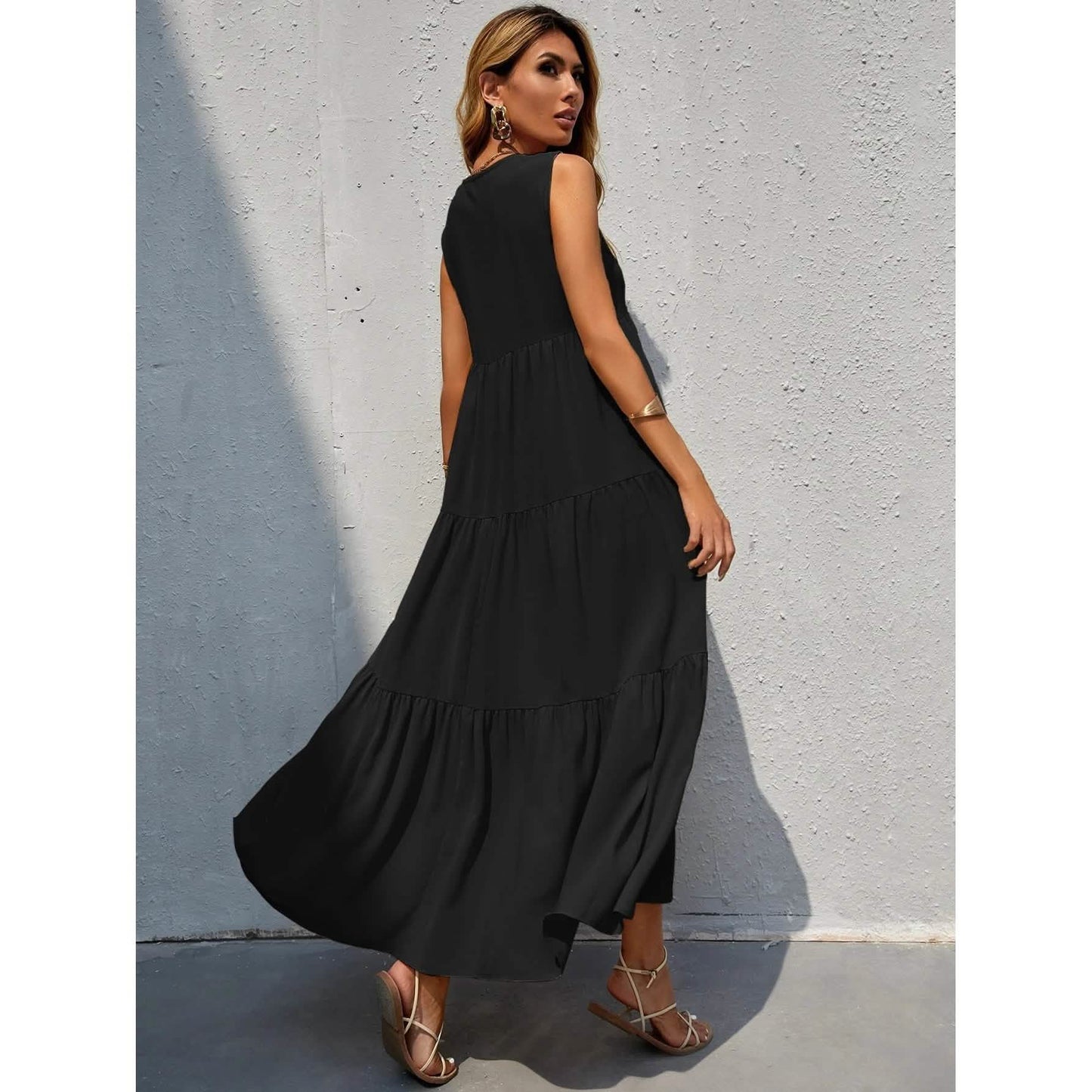 Women's V-neck Ruffle Hem Solid Dress DailySale