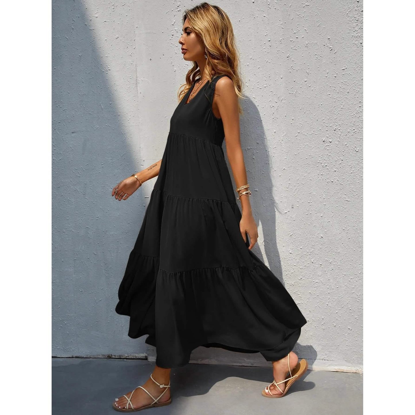 Women's V-neck Ruffle Hem Solid Dress DailySale